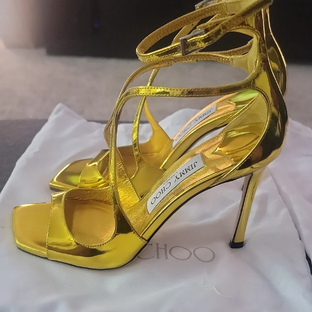 Jimmy Choo Azia 110 Gold Liquid Metal Leather Sandals  Gold Strappy Heels - Picture 3 of 6